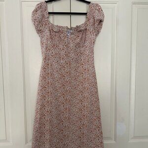 Princess Polly Dress Women Orange White Floral Puff Sleeve Midi Lined Zip